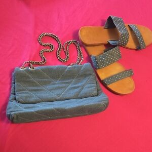 Blue Jean Quilted Chain Shoulder Bag / Size 11 Gold Studded Blue Jean Slippers